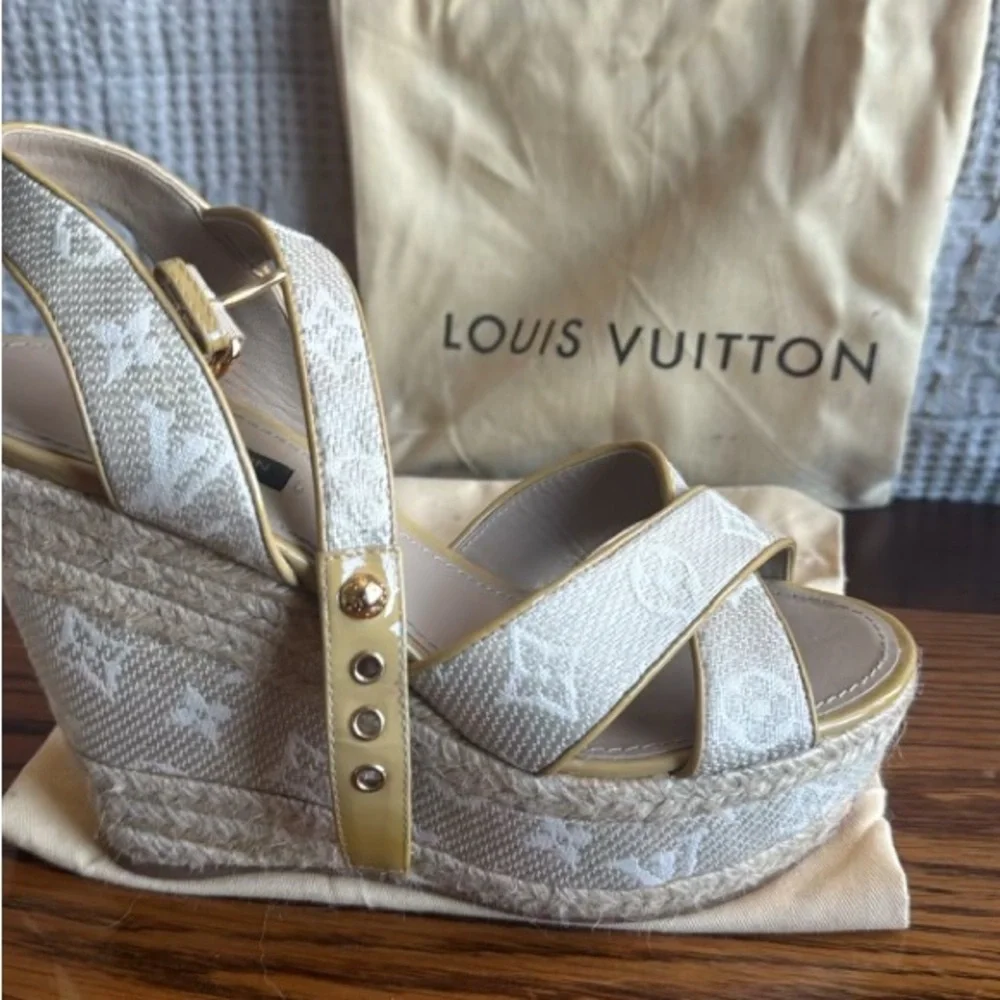 Louis Vuitton Formentera Espadrille Wedge Platform Ankle-Strap Sandals Beige - Picture 2 of 6